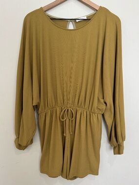 Vestique Ribbed‎ Knit Romper Olive Drawstring Waist Long Sleeve Size L Coverup